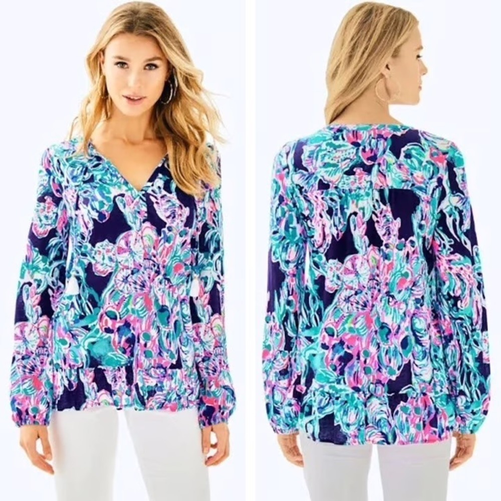 Lilly Pulitzer Sea to Shining Sea Long Sleeve Tassel Top‎ Navy Pink XS